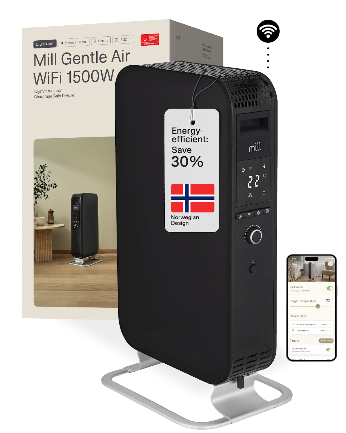 Mill Gentle Air WiFi Oil filled radiator 1500W - black