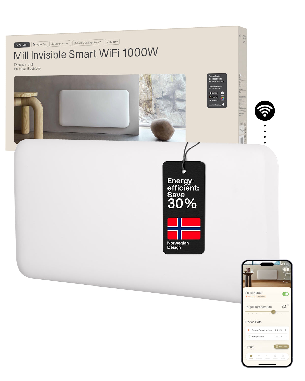Mill Invisible Smart WiFi Panel Heater 1000W - white