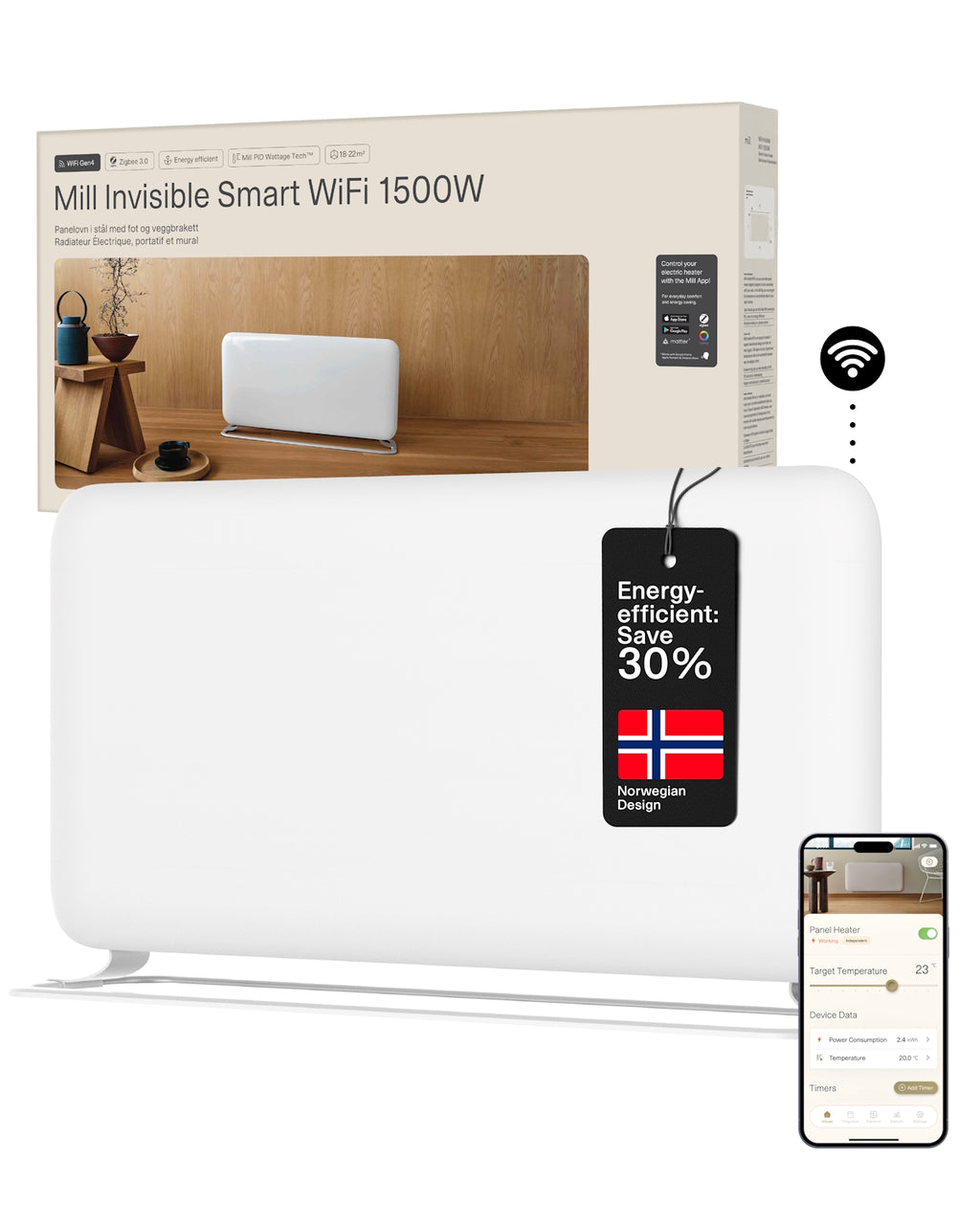 Mill Invisible Smart WiFi Panel Heater 1500W Dual Usage - white