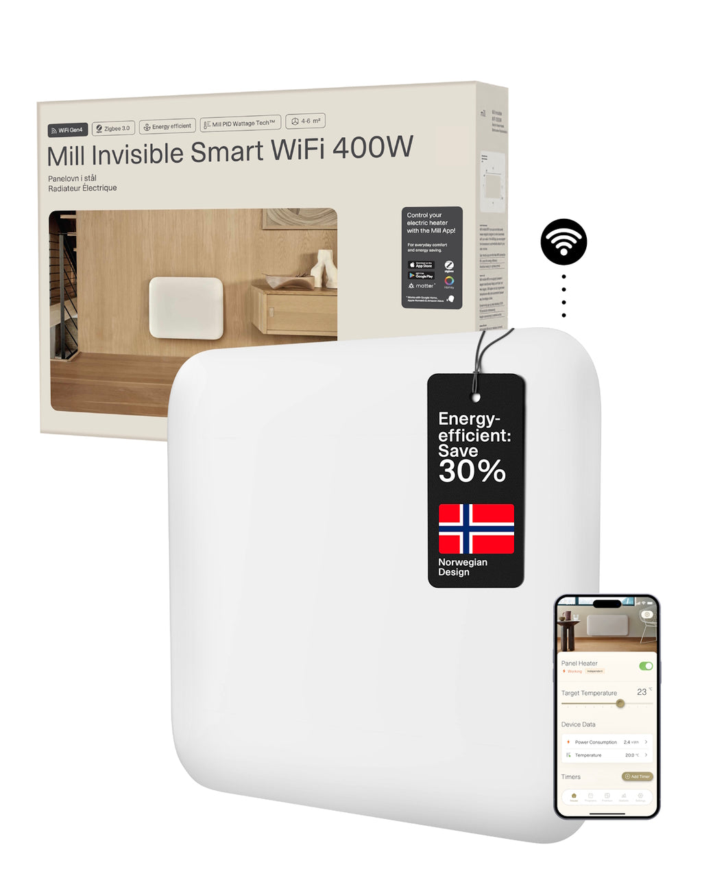 Termosifone a pannello intelligente WiFi Mill Invisible 400W - bianco