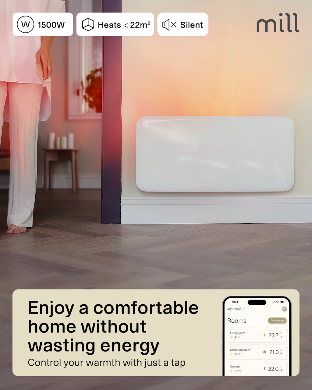 Mill Invisible Smart WiFi Panel Heater 1500W Dual Usage - white