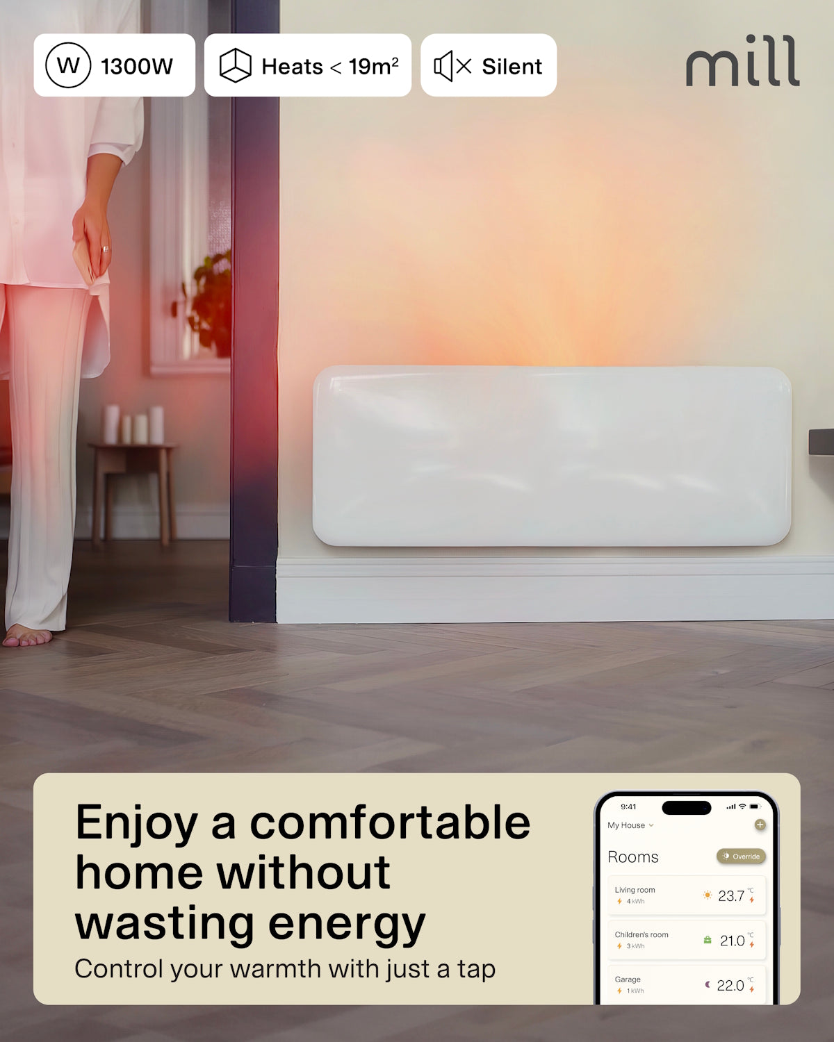 Mill Invisible Smart WiFi Panel Heater 1300W - white