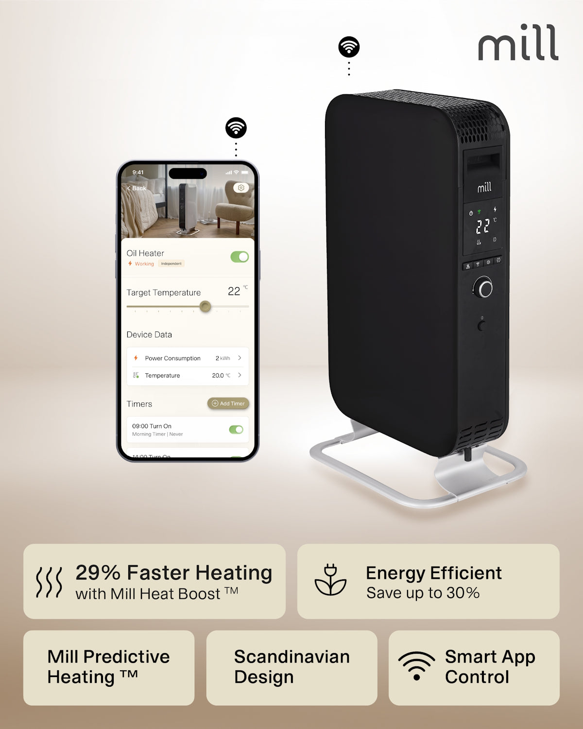 Mill Gentle Air WiFi Oil filled radiator 1500W - black