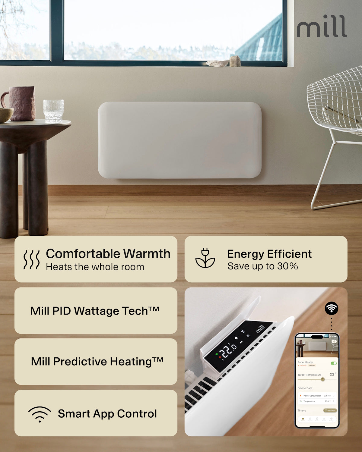Mill Invisible Smart WiFi Panel Heater 1500W Dual Usage - white