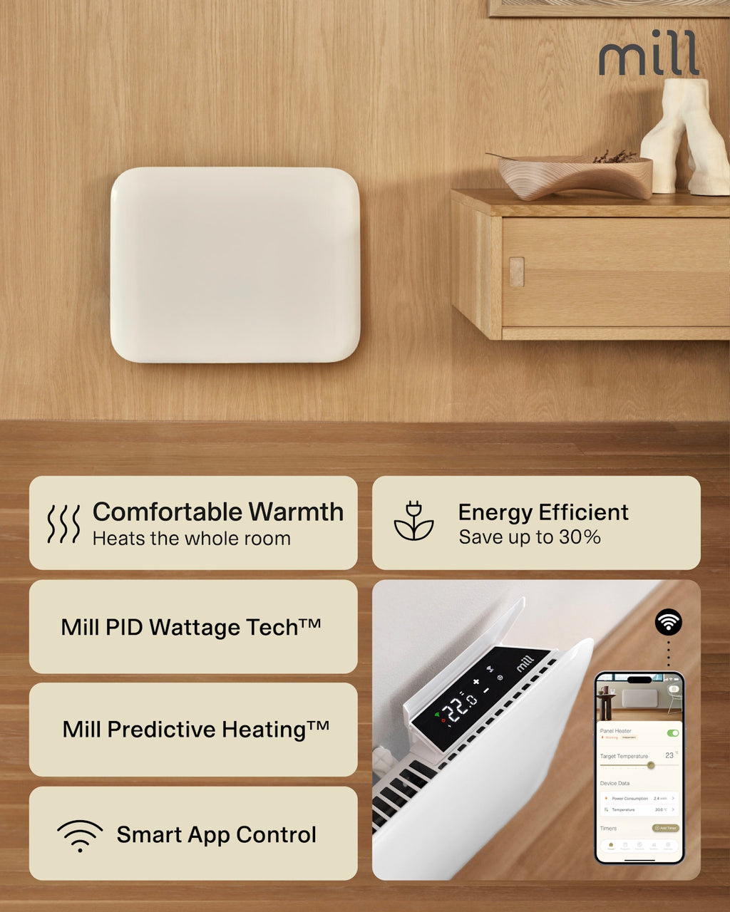 Termosifone a pannello intelligente WiFi Mill Invisible 400W - bianco