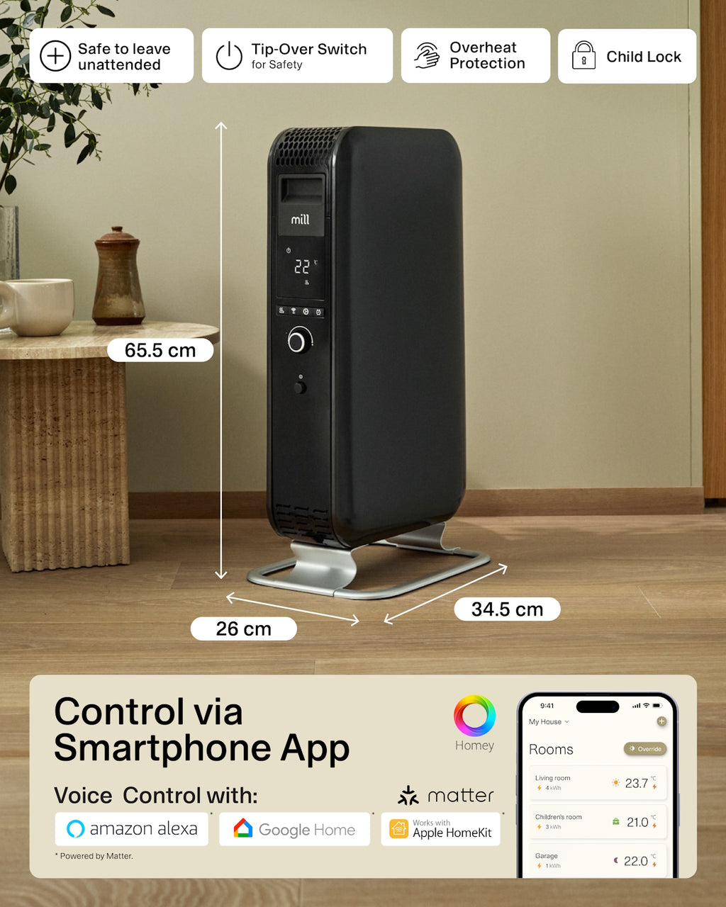 Radiateur à bain d'huile Mill Gentle Air WiFi 1500W - noir