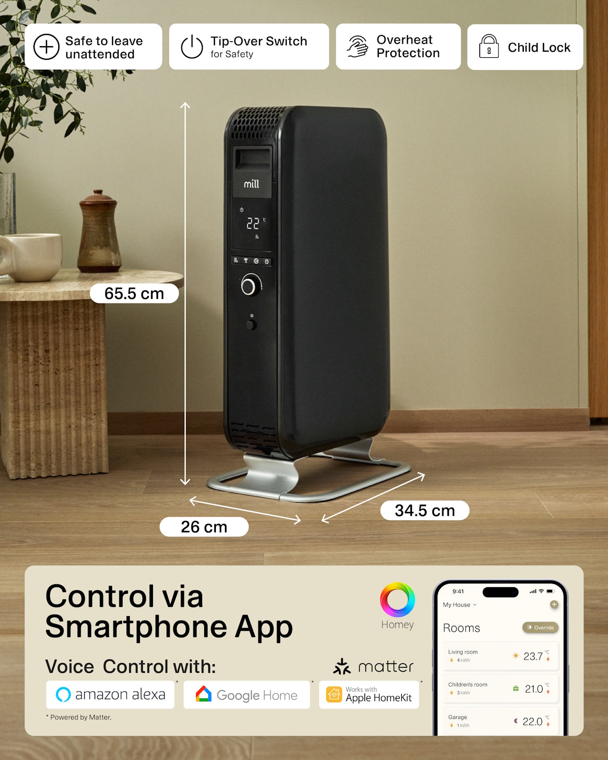 Mill Gentle Air WiFi Oil filled radiator 1500W - black