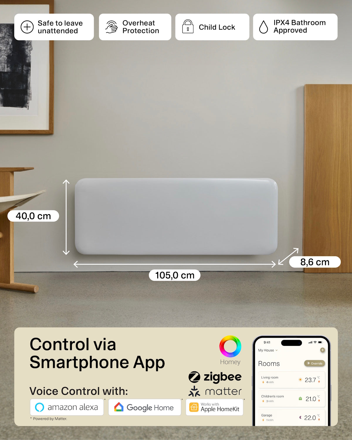 Mill Invisible Smart WiFi Panel Heater 1300W - white