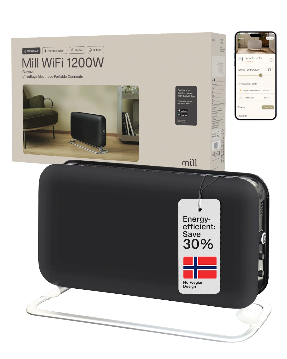 Mill WiFi Portable Heater 1200W - black